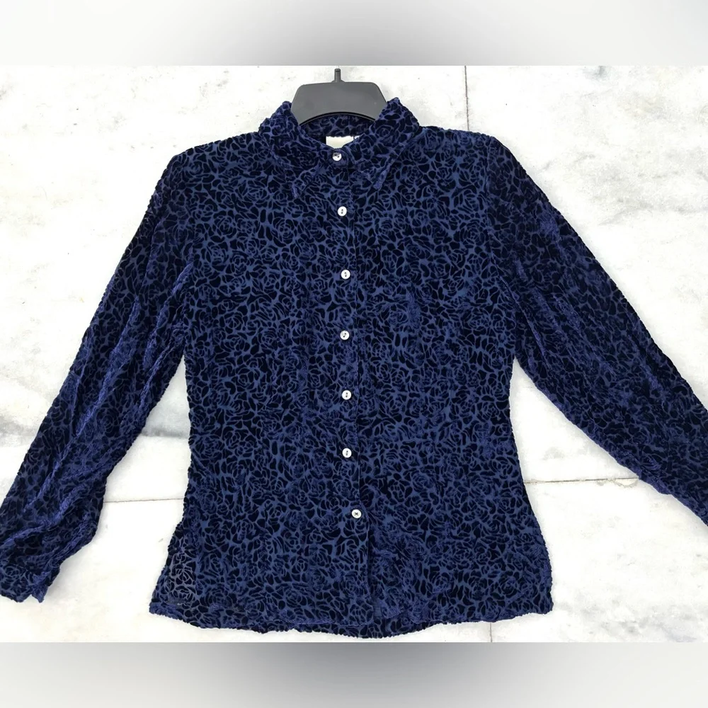 Y2K Merona Top Button Up Velvet Burnout Blue Silk Blouse Womens XS Whimsigoth - Picture 3 of 10